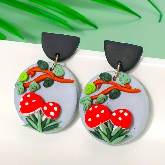 Handmade mushroom cottagecore dangle statement earrings - Picture 1 of 5